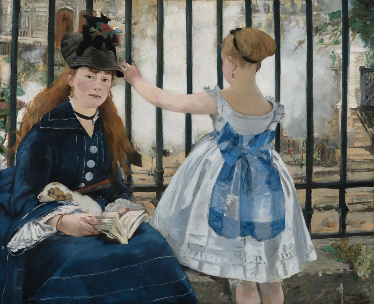 To our left, a young woman sits facing us on a low stone wall at the base of the vertical, black bars of an iron fence and a young girl stands facing away from us to our right in this horizontal painting.