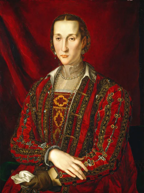 Shown from the hips up, a pale-skinned woman with a long, narrow face wears a richly decorated crimson-red dress in this vertical portrait painting.
