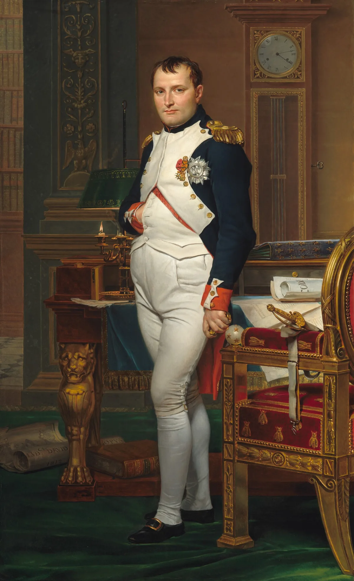 A man with pale peach skin and dark hair wears a military uniform and stands in front of a desk in this vertical portrait painting.
