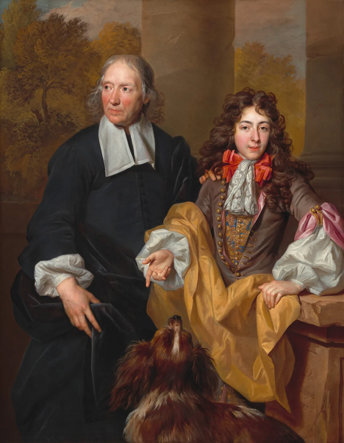 An older man, a young man, and a dog stand on a verandah that opens onto a landscape in this vertical portrait painting.