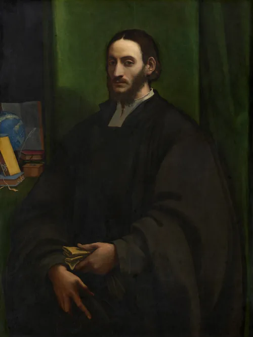 A bearded, pale-skinned man with shoulder-length, dark brown hair is shown from the hips up against a dark, emerald-green curtain in this vertical portrait painting.