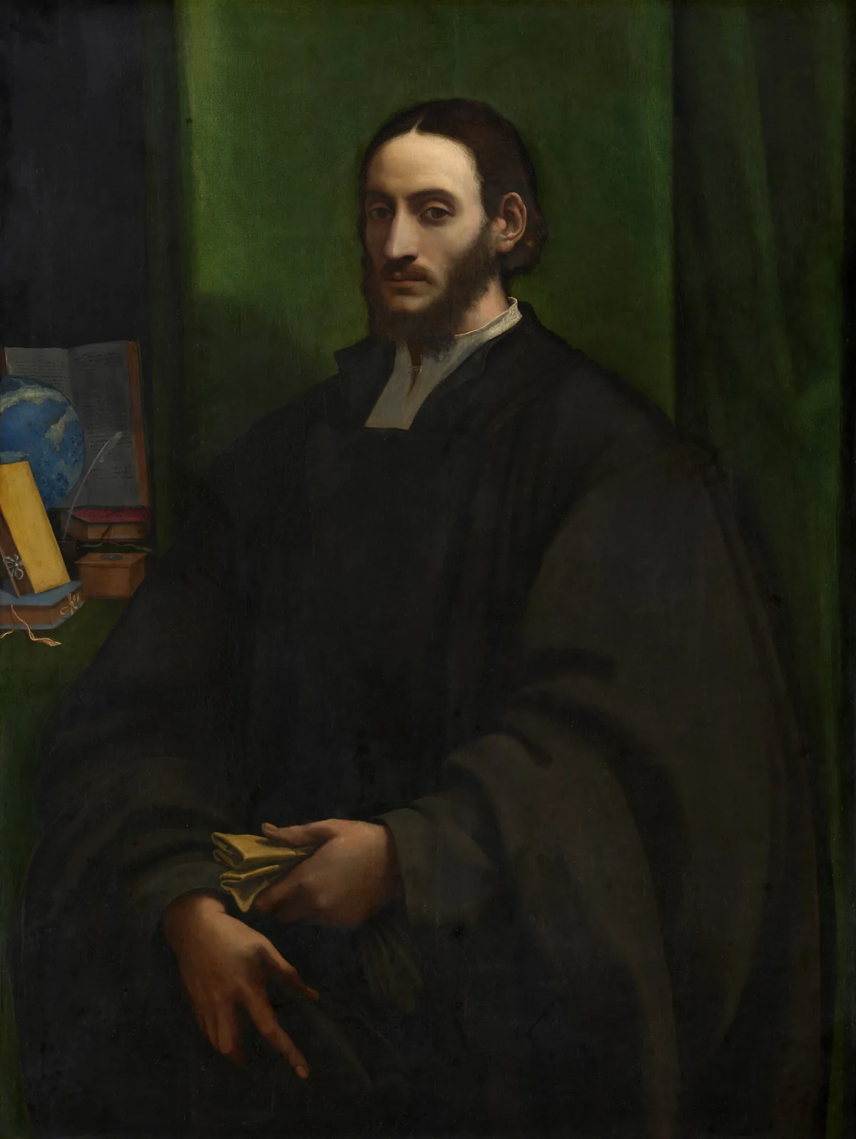 A bearded, pale-skinned man with shoulder-length, dark brown hair is shown from the hips up against a dark, emerald-green curtain in this vertical portrait painting.