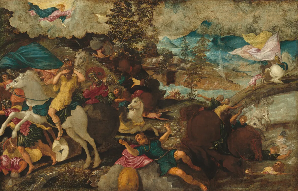 About two dozen, light-skinned men and more than a dozen horses tumble across a rocky shore along a body of water, all against a deep landscape in this horizontal painting.