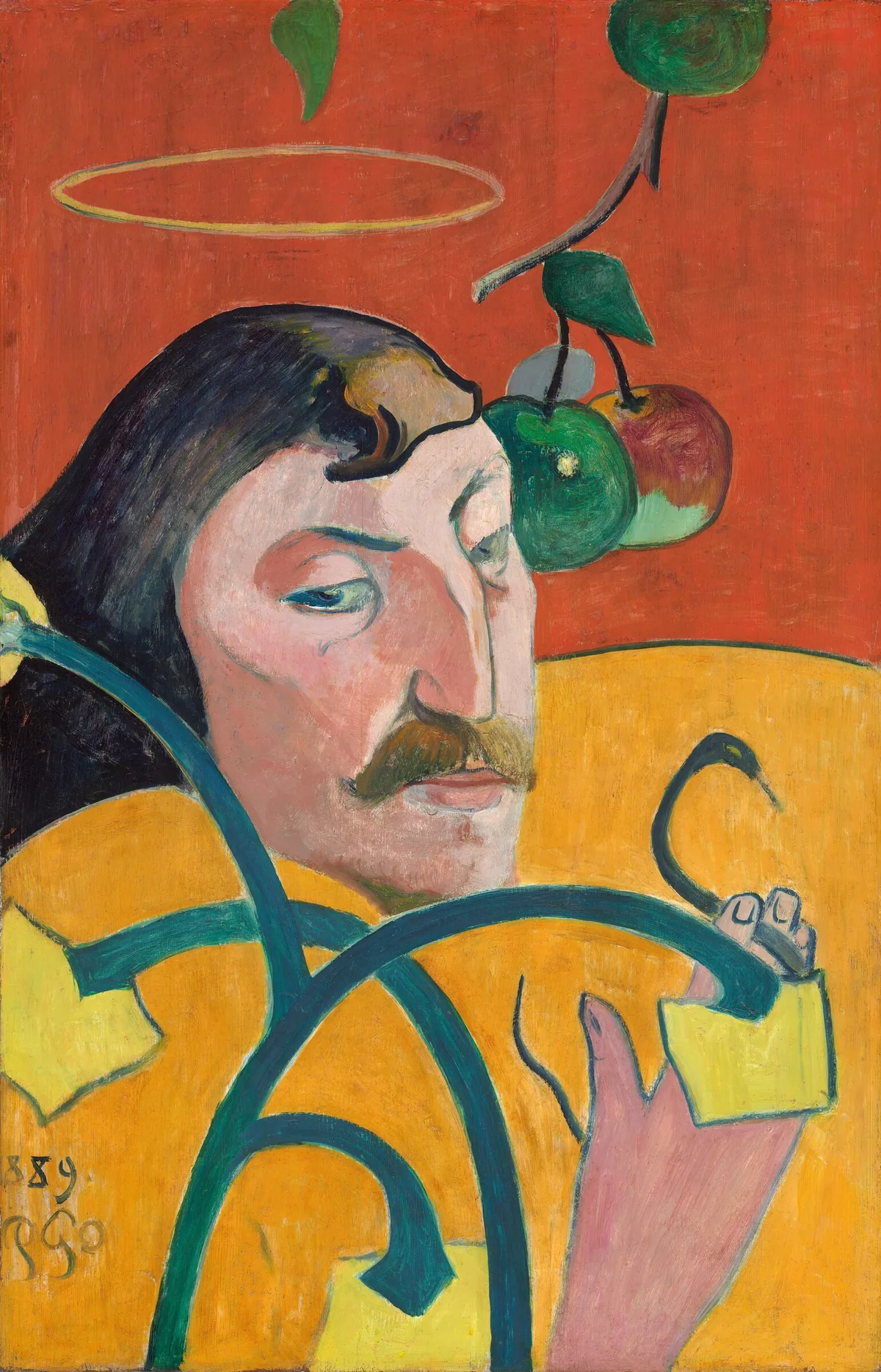 A dark-haired, disembodied head of a haloed man with pale, peach skin floats against a red and yellow background in this vertical portrait.