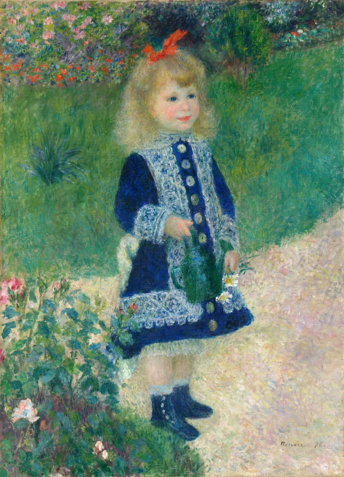 A pale-skinned young girl with blond hair, wearing a blue dress, stands in a garden in this vertical painting.
