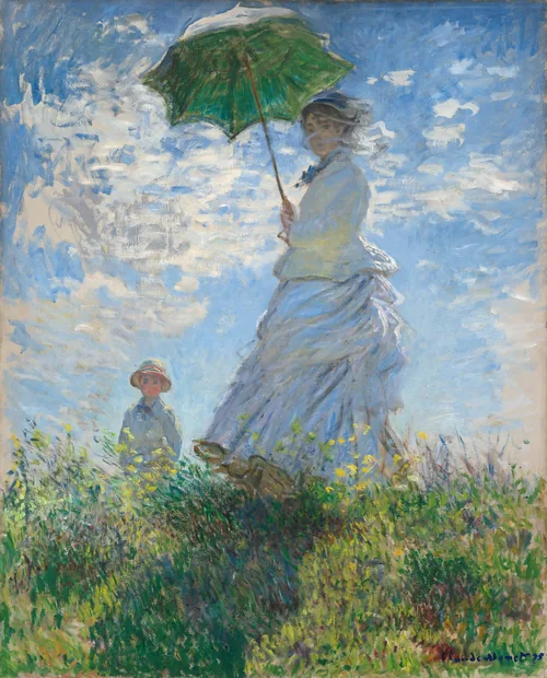 From low on a hillside, we look up at a light-skinned woman and boy standing in tall grass against a sunny blue sky in this vertical painting.