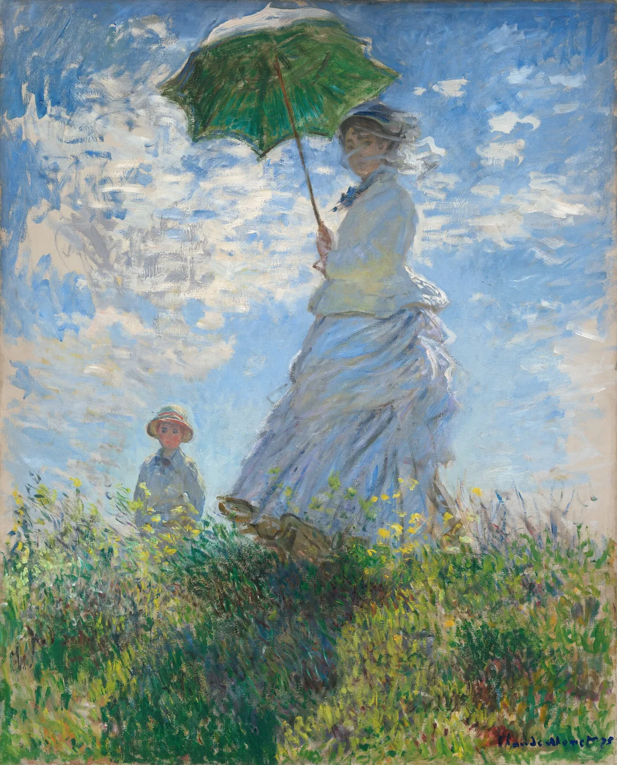 From low on a hillside, we look up at a light-skinned woman and boy standing in tall grass against a sunny blue sky in this vertical painting.