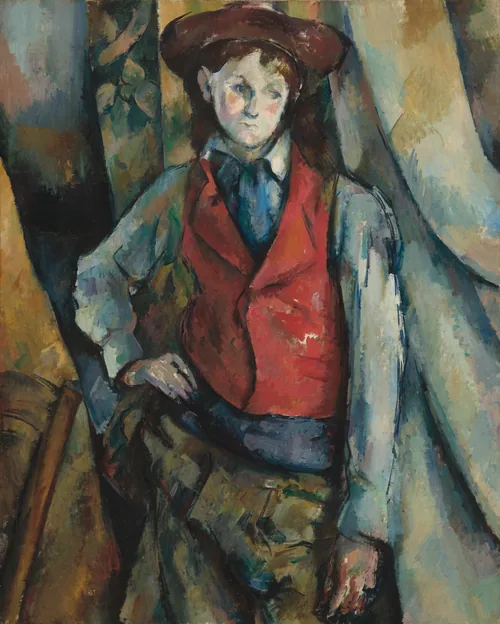 Shown from the thighs up, a boy wearing a crimson-red waistcoat stands against swags of fabric painted with visible strokes in white, sky blue, harvest yellow, and sage green in this loosely painted, vertical portrait.