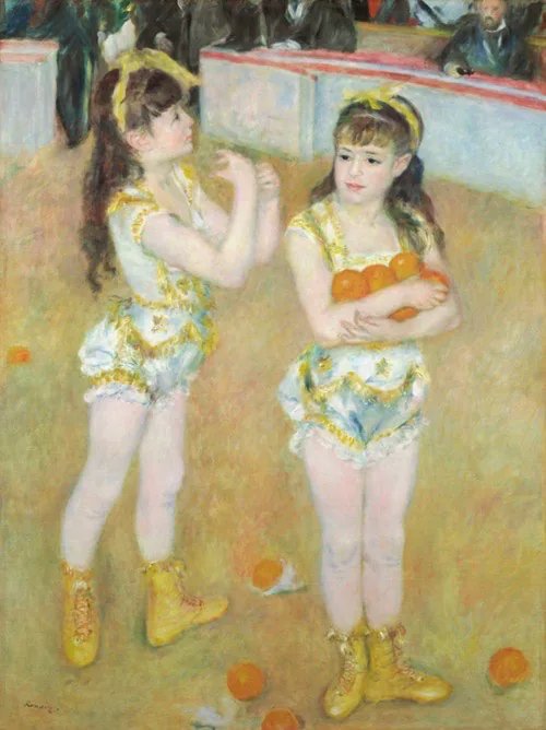 Two girls in acrobatic uniforms stand in an arena, one holds oranges.