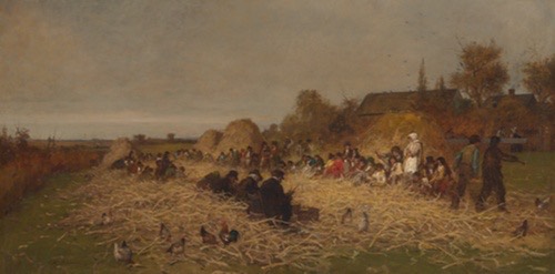 Dozens of figures in a brown field filled with discarded corn silks form two rows and sit across from each other husking corn, a farm in the background.