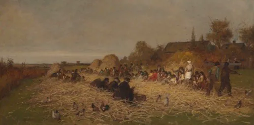 Dozens of figures in a brown field filled with discarded corn silks form two rows and sit across from each other husking corn, a farm in the background.