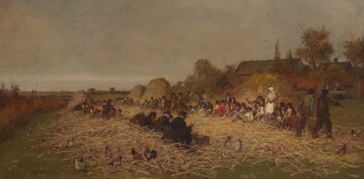 Dozens of figures in a brown field filled with discarded corn silks form two rows and sit across from each other husking corn, a farm in the background.