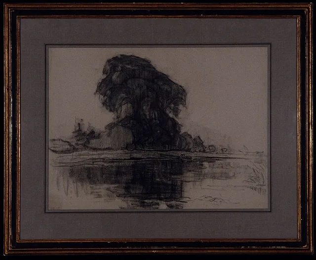 A work made of fabricated charcoal on blue laid paper.