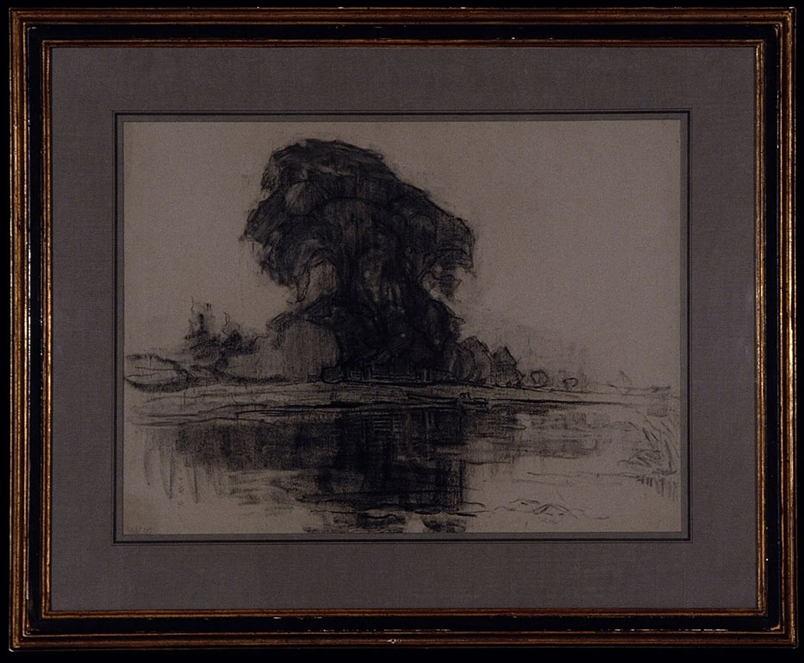 A work made of fabricated charcoal on blue laid paper.