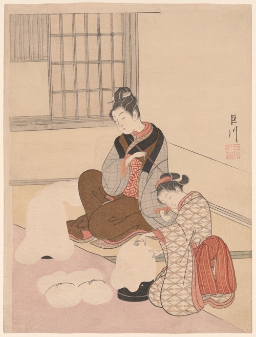 Color print depicting two women as they dry and bundle fabric.