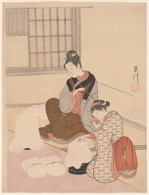 Color print depicting two women as they dry and bundle fabric.