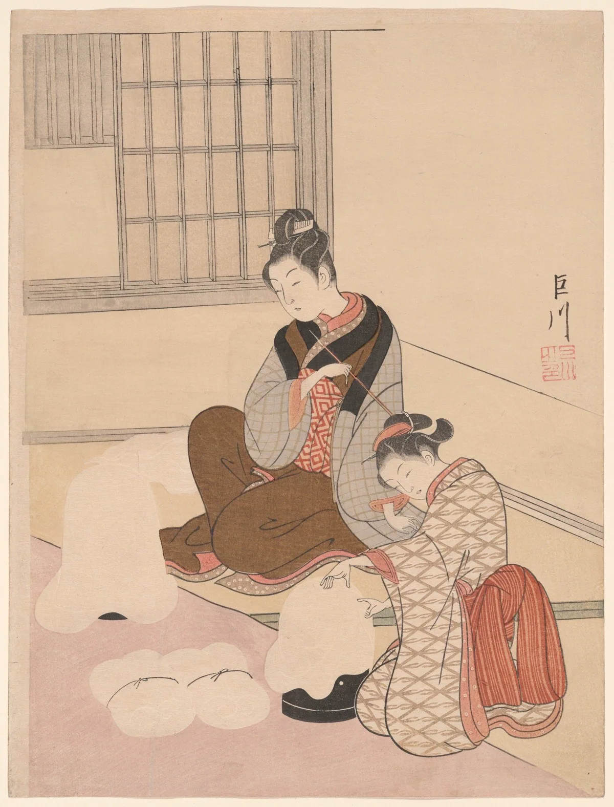 Color print depicting two women as they dry and bundle fabric.