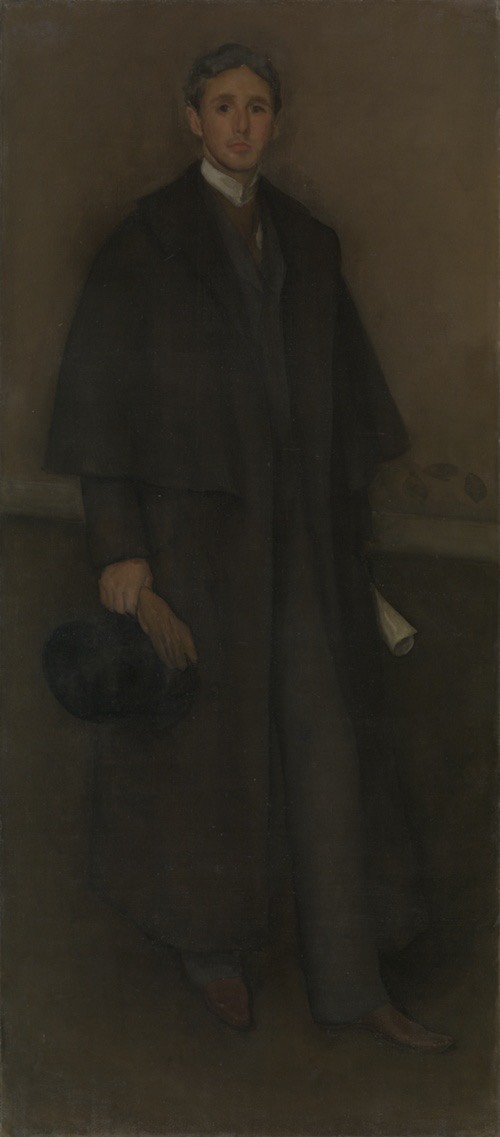 Very dark painting of a light-skinned, mostly clean-shaven young man in dark suit and dark full-length coat, holding a rolled-up paper and gloves.