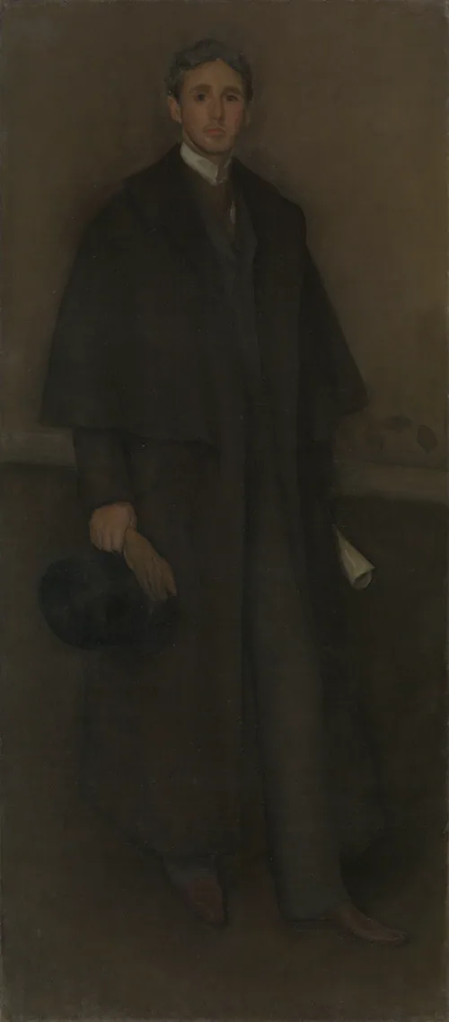 Very dark painting of a light-skinned, mostly clean-shaven young man in dark suit and dark full-length coat, holding a rolled-up paper and gloves.