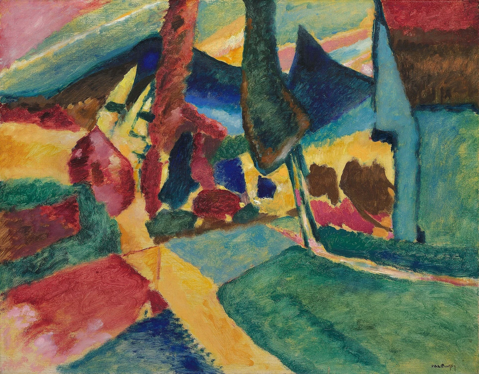 Vibrant yellow, red, blue, and green painting of landscape with trees and mountains.