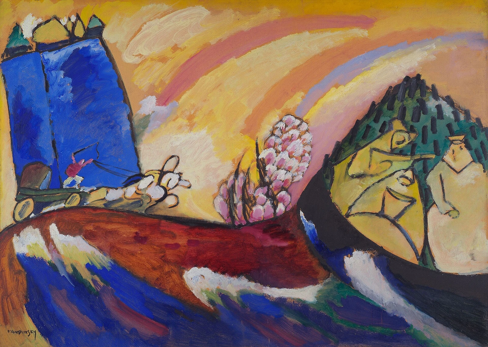 Vibrant colored painting of beachscape with figures, structure, and ox pulled cart.