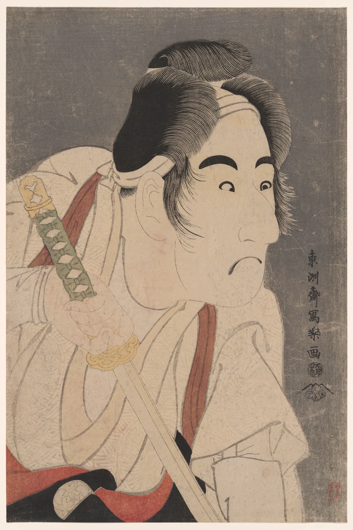 Color print of Japanese man with sword making a funny face.