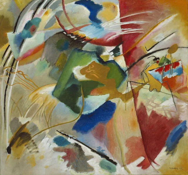 Painting of vibrantly colored shapes and lines intersecting and overlapping.
