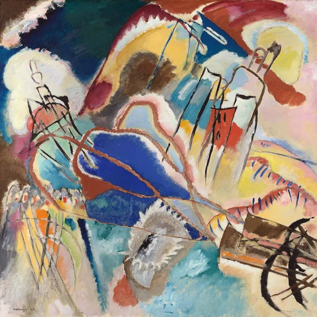Abstract painting in various bright colors—yellow, blue, red, green, orange, pink—with lines indicating building-like structures as well as canons in the lower right corner.