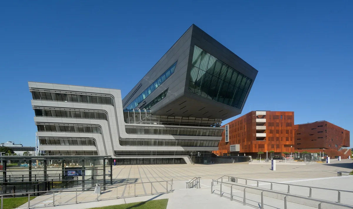 The cantilevered prow of the Library and Learning Centre at the Vienna University of Economics.