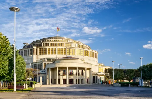 The ribbed reinforced-concrete dome of Centennial Hall seen from the floor below.
