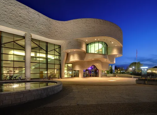 The curved limestone walls of the Canadian Museum of History along the Ottawa River.