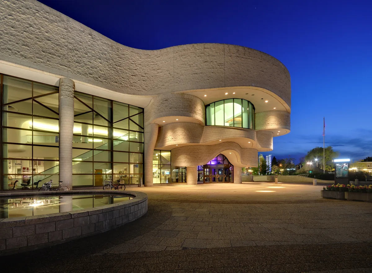 The curved limestone walls of the Canadian Museum of History along the Ottawa River.