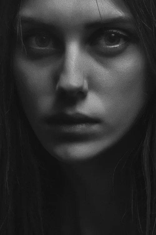An extreme close-up black-and-white portrait, lit hard from one side.