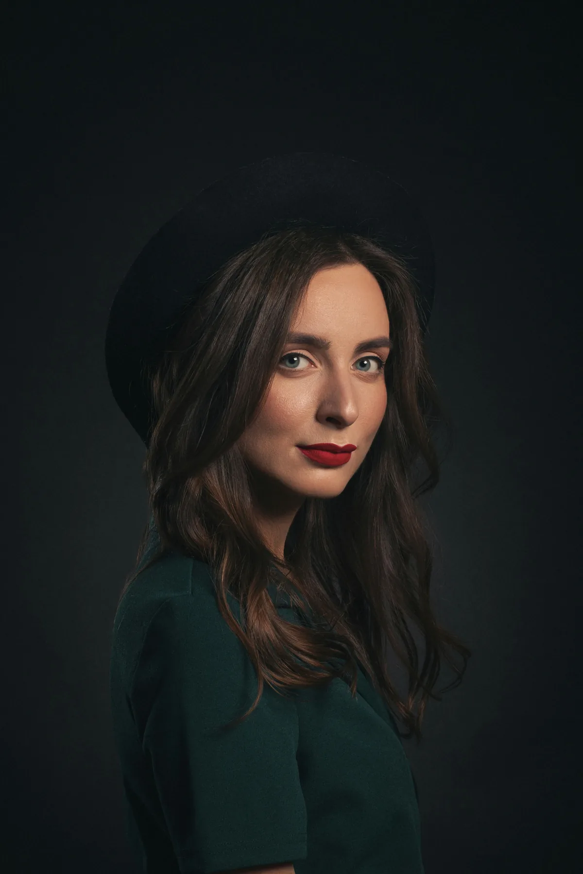 A wide-brimmed black hat and dark green top against black, lit low and to one side.