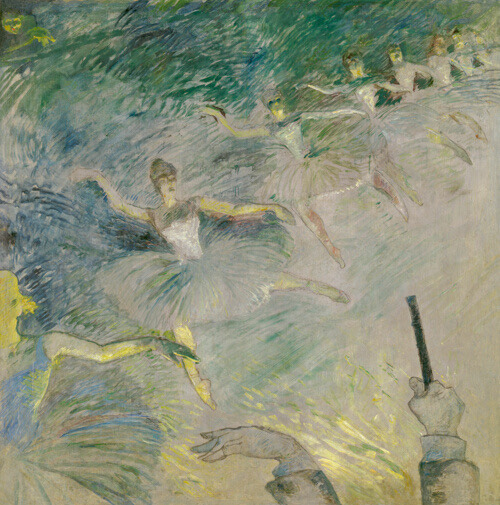 A diagonal line of leaping ballet dancers recedes from a starkly lit dancer partially visible at bottom left. All are broadly painted against a blue-green ground above them, pale pink below. They have obscured features and are highlighted in yellow and green. A conductor's hands emerge at bottom.