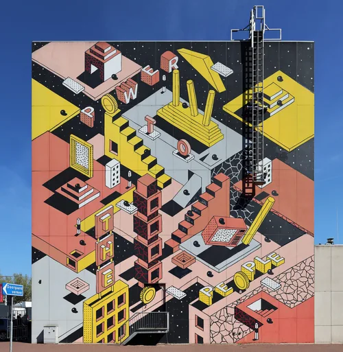 An isometric mural of stairs, towers and dice in yellow, pink and black across a blank gable wall.