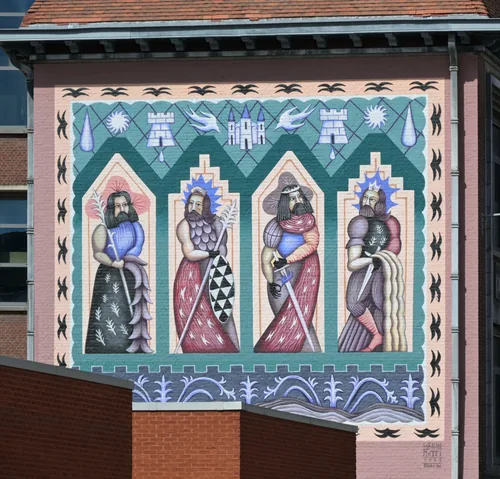 A school wall painted with four Merovingian kings under stylised arches in pink, teal and blue.