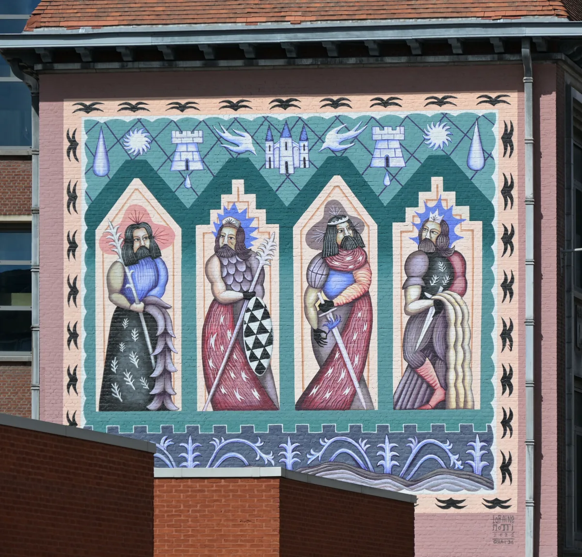 A school wall painted with four Merovingian kings under stylised arches in pink, teal and blue.