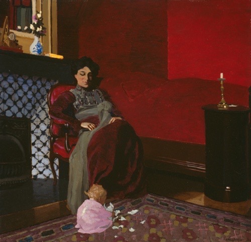 Painting of a stately woman seated on a red velvet chair in a blood-red room, a blue-white fireplace to her left. She glances down at the floor with a serene expression toward a tiny blond child—a baby—who sits on the floor tearing up paper, her pink-clad back facing the viewer.