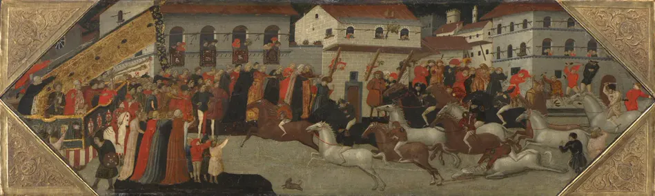 Giovanni Francesco Toscani, Panel from a Cassone: The Race of the Palio in the Streets of Florence
