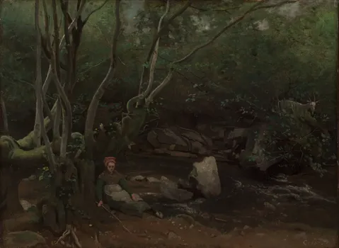 Jean Baptiste Camille Corot, Lormes:  Goat-Girl Sitting Beside a Stream in a Forest