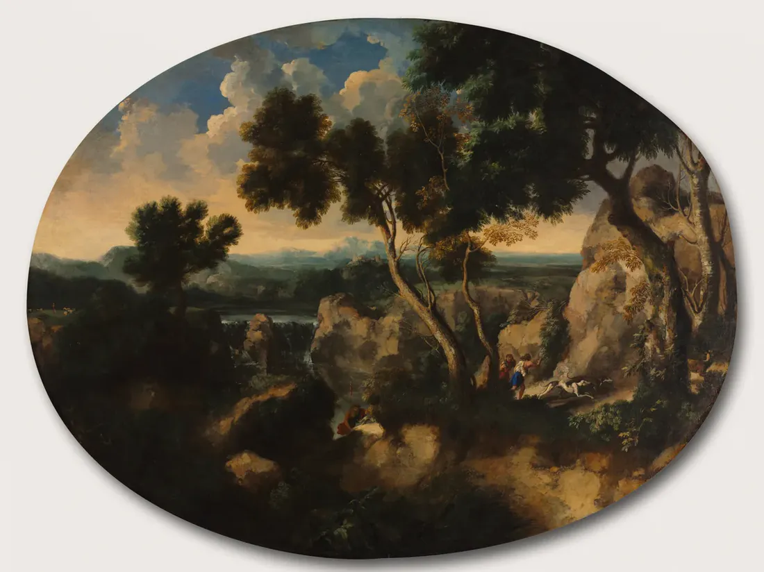 Gaspard Dughet, Rocky Landscape with Hunters