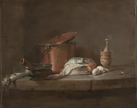 Jean-Siméon Chardin, Kitchen Utensils with Leeks, Fish, and Eggs